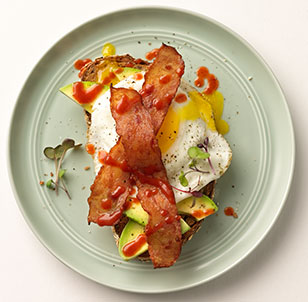 Open Faced Chicken Bacon, Avocado & Egg Breakfast Sandwich
