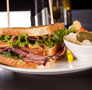 Pastrami Club Sandwich on Marbled Rye
