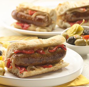 Grilled Sweet Italian Chicken Sausage, Pepper, and Onion Sandwiches