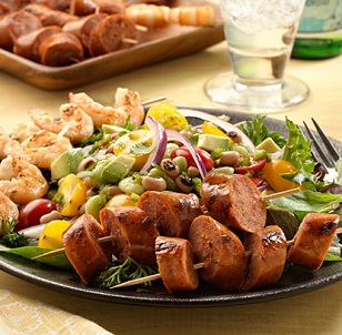 Grilled Corn Salad with Artisan Sausage and Shrimp Skewers