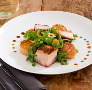 Pan Roasted Pork Belly & Scallops with Maple Poblano Gastrique